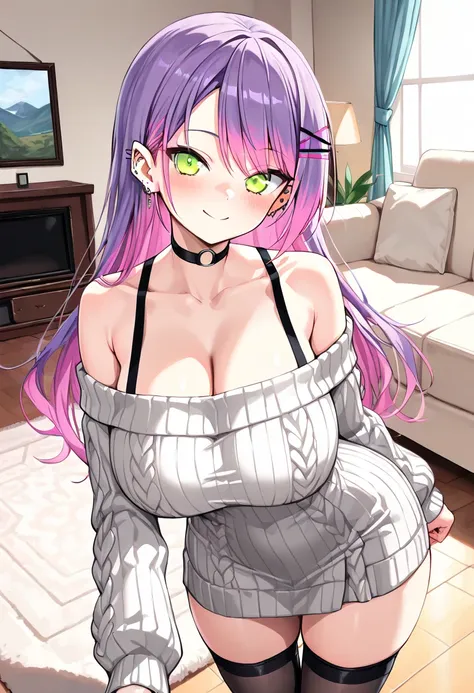 (Best Quality , 8k , masterpiece , incredibly absurdres , perfect body , super detailed skin , highly detailed eyes and face , 1 woman ) , tokoyami towa , purple Hair , Green eyes , smile ,  will be happy , ( off-shoulder sweater dress , inner wear shoulde...