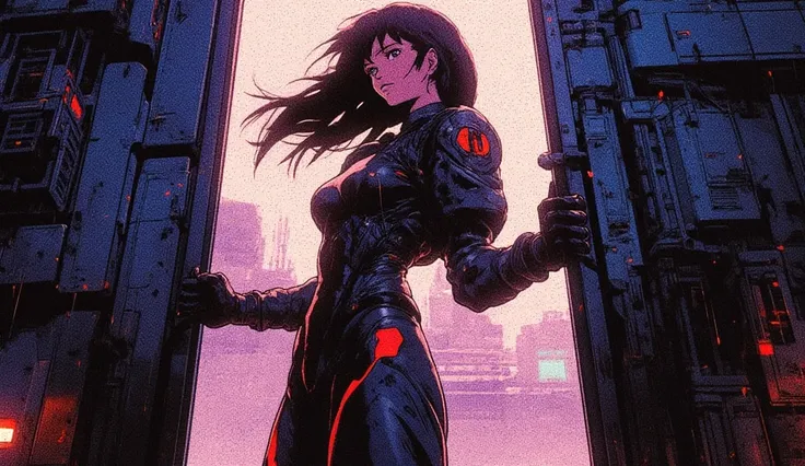 Masamune Shirow's Ghost in the Shell style blended with 80s/90s anime aesthetics like Akira, a full-body anime character from head to toe with a sporty, athletic physique and toned curves, positioned centrally with no parts of the body cropped or obscured,...