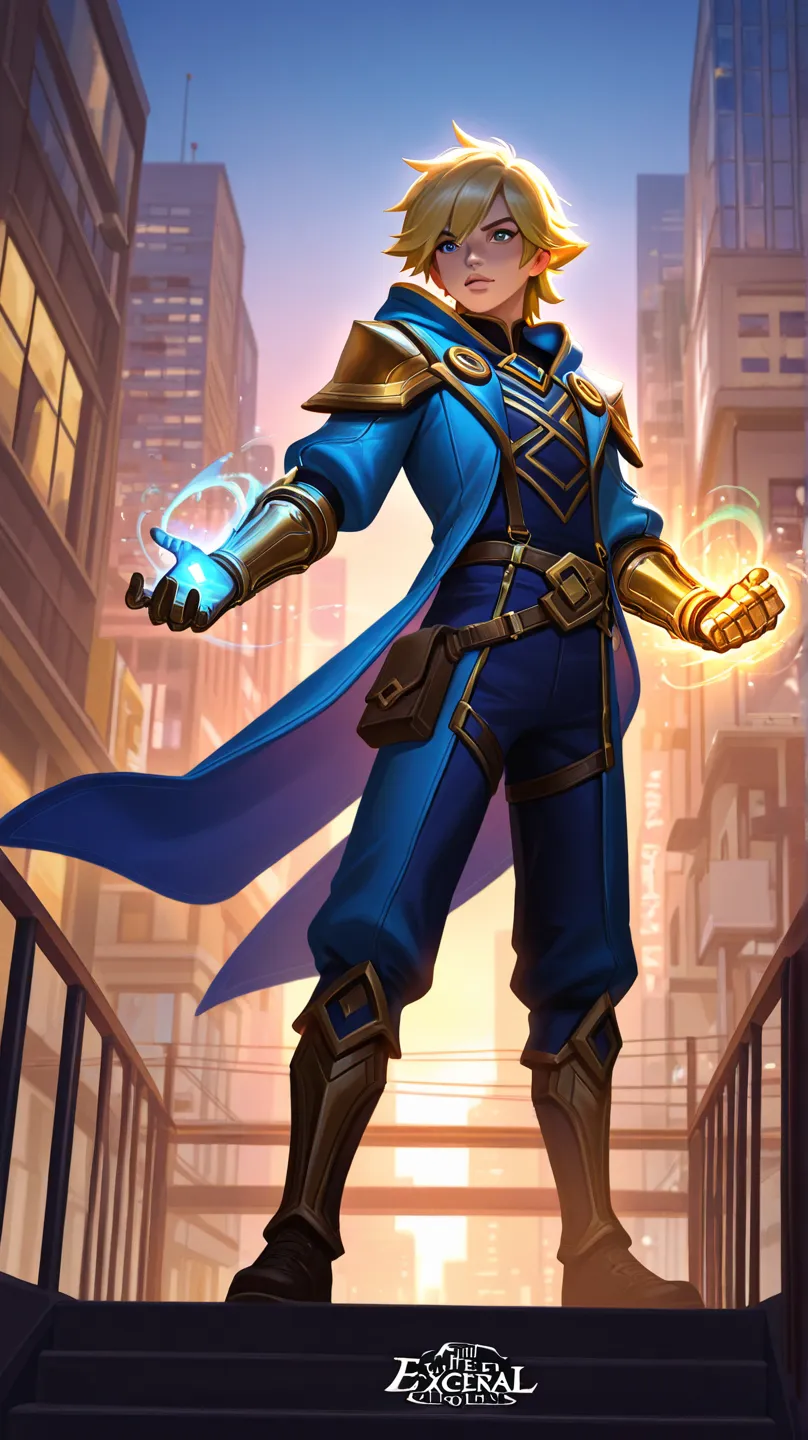 Create Ezreal with his Arcane League of Legend gauntlet on a bridge with the city in the background in cartoon format