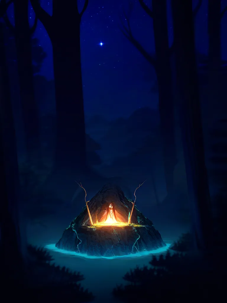 Forest of the Forgotten Gods.
A mystical forest under a starry sky, filled with ancient towering trees and strange glowing mushrooms. Shadows loom, suggesting the presence of forgotten deities, with mysterious, ethereal figures faintly visible between the ...