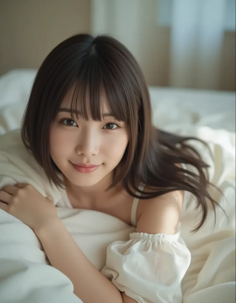 A young and beautiful Japanese woman is lying on her back in bed in pajamas. She is smiling sweetly. Ultra high resolution, super quality photo.