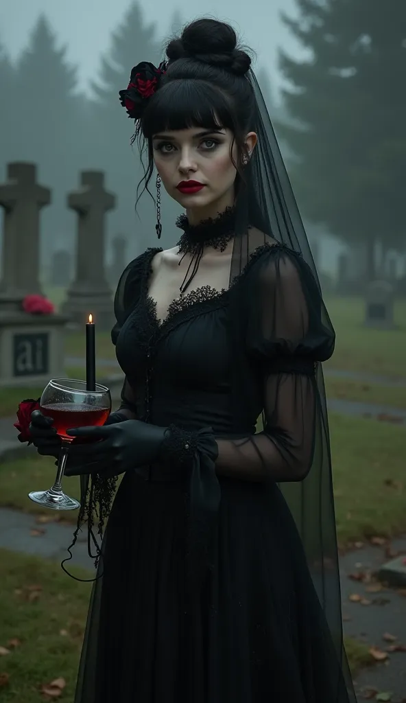 
full body photo,A cemetery with a white woman , black hair made of an old classic bun , long black dress with very mysterious lace details ,a black rose around her neck and a glass of wine ,a red lipstick, a striking and very dreaded look at the camera, w...