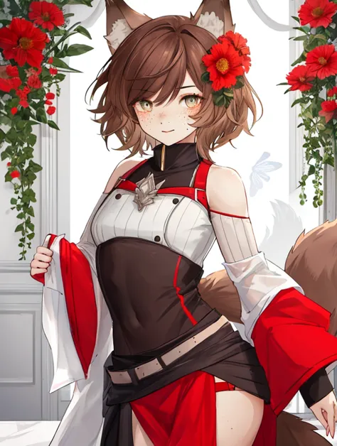 Male, short brown hair with wolf ears, sexy outfit with red flower details, wolf tail, wide eyes, freckles, male, strong alpha wolf male