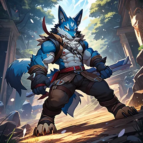 kemono, (Pokemon)Lucario, red and yellow fur, anthro, male, tail, muscles, handsome, heroic, toe claws, epic, perfect lighting, (light particleest quality),(masterpiece),(ultra detailed),sharp focus,light particles, suggestive,