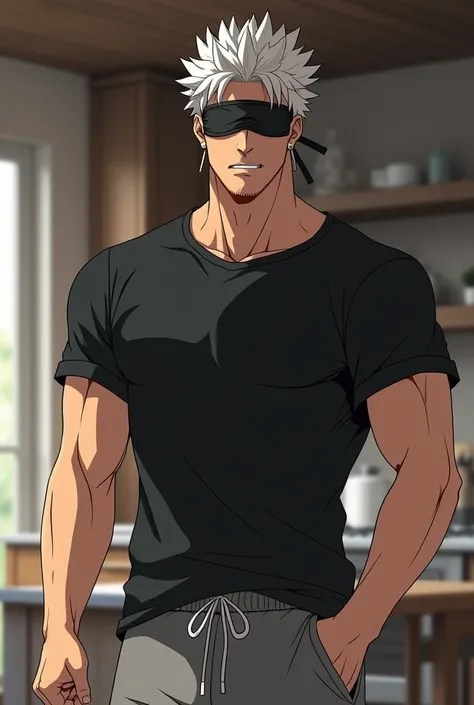 Gojo satoru, in a big penthouse kitchen. He his blindfold on, he's wearing a black t shirt and grey sweatpants. He's happy. Jujutsu kaisen art style. Gojo satoru. A tall man with white hair. Lean muscular. His lips are on a ring on his left hand 