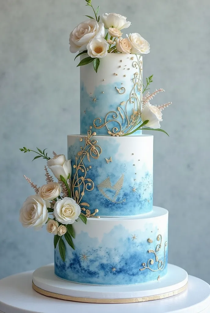 A watercolor wedding cake in shades of denim blue, powder blue and sugar paper. On the surfaces of the cake,  motifs inspired by music emerge integrating into the background . No flowers. Golden elements give refined reflections. The design remains essenti...