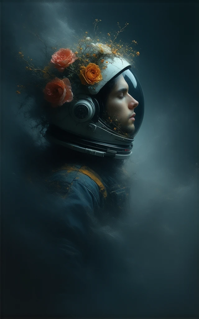 Astronaut floating space, with a broken visor that has flowers growing, alot of flowerss and roses and vines in the helmet only, dark backround, falling dramatically, llost, colourful flowers, dark background with specs of white, male, ethereal, emphasizin...