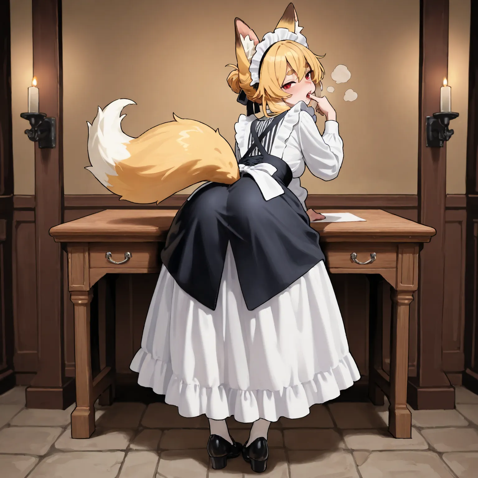 high quality, beautiful image quality over the right shoulder, detailed image quality,  illustration style, full body illustration,  girl, slender figure, long golden hair that is slightly unkempt, Fox-eared ears, tail, Beautiful red eyes,  thick eyebrows、...