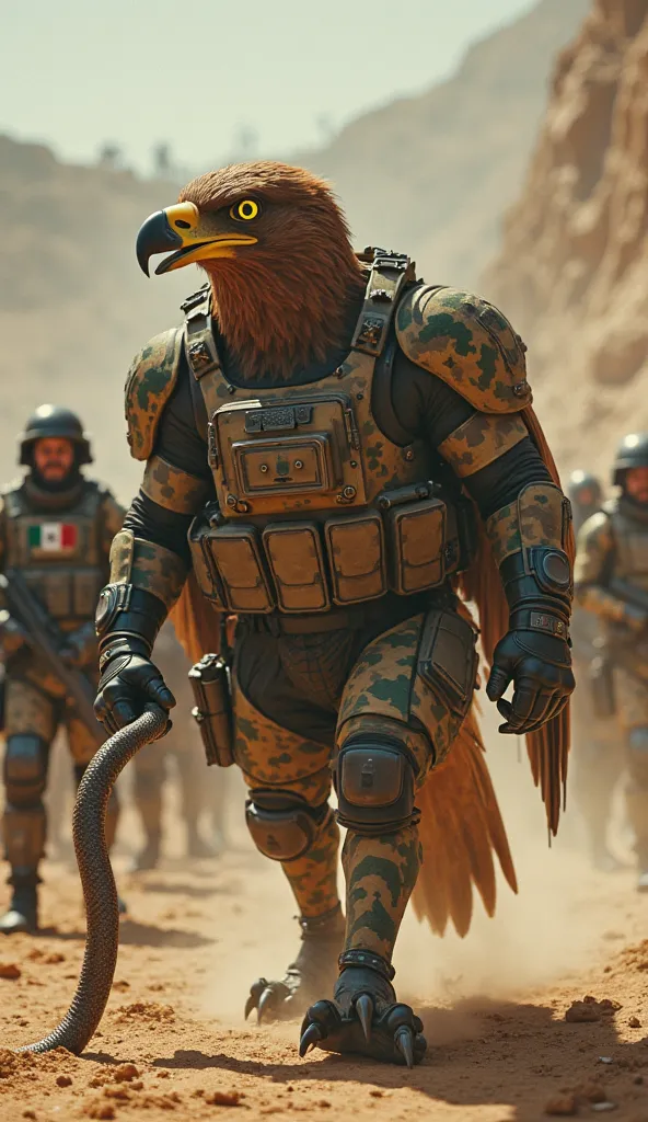 "A cinematic and realistic image depicting a brown eagle transformed into a powerful mutant, walking with a serpent clutched in its beak. The eagle’s body has mutated into a larger, more imposing form, with enhanced wings, muscular legs, and armor-like sca...