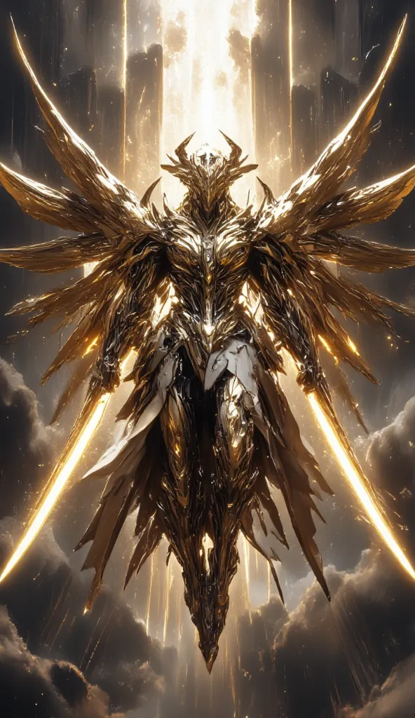 A mystical AI-powered knight with holographic wings, clad in golden cybernetic armor, descending from the heavens like a guardian angel."