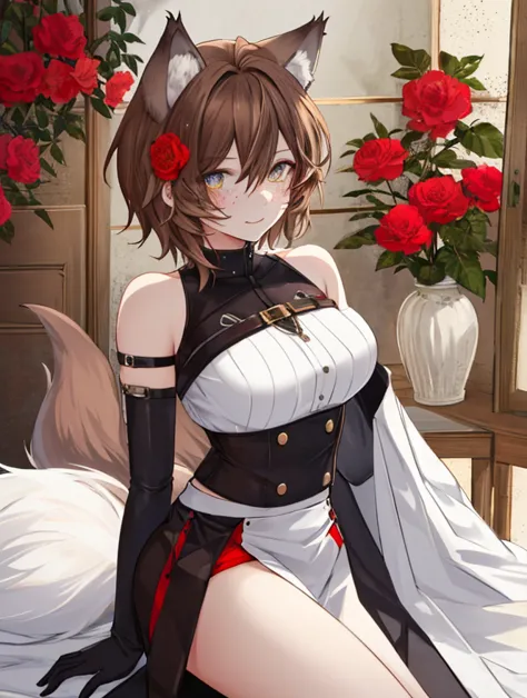 Male, short brown hair with wolf ears, sexy outfit with red flower details, wolf tail, wide eyes, freckles, male, strong alpha wolf male