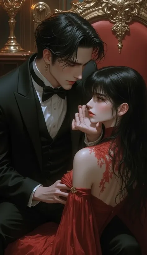 create a picture of a man wearing a black tuxedo sitting on a throne, staring and touching the chin of a girl sitting in front of him wearing a beautiful noble dress, long black hair with a pleading expression. 