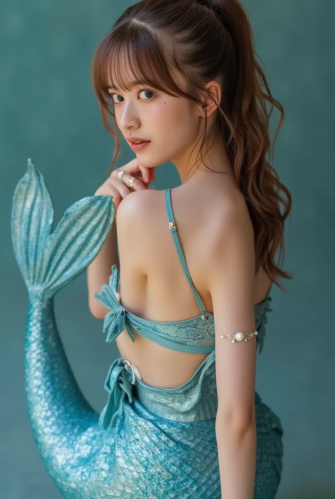 A beautiful European mermaid。light brown hair with bangs {x} wears a ponytail、is tied with a white pearl ring。wears a blue seashell bra、has a blue mermaid tail。has light brown eyes。