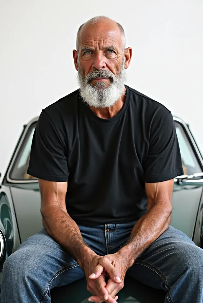 Masculine 54 year-old man, bald and with a longer, white, well-groomed beard, blue-grey eyes, small nose, black T-shirt, seat on the hood of his Porsche 911, white background