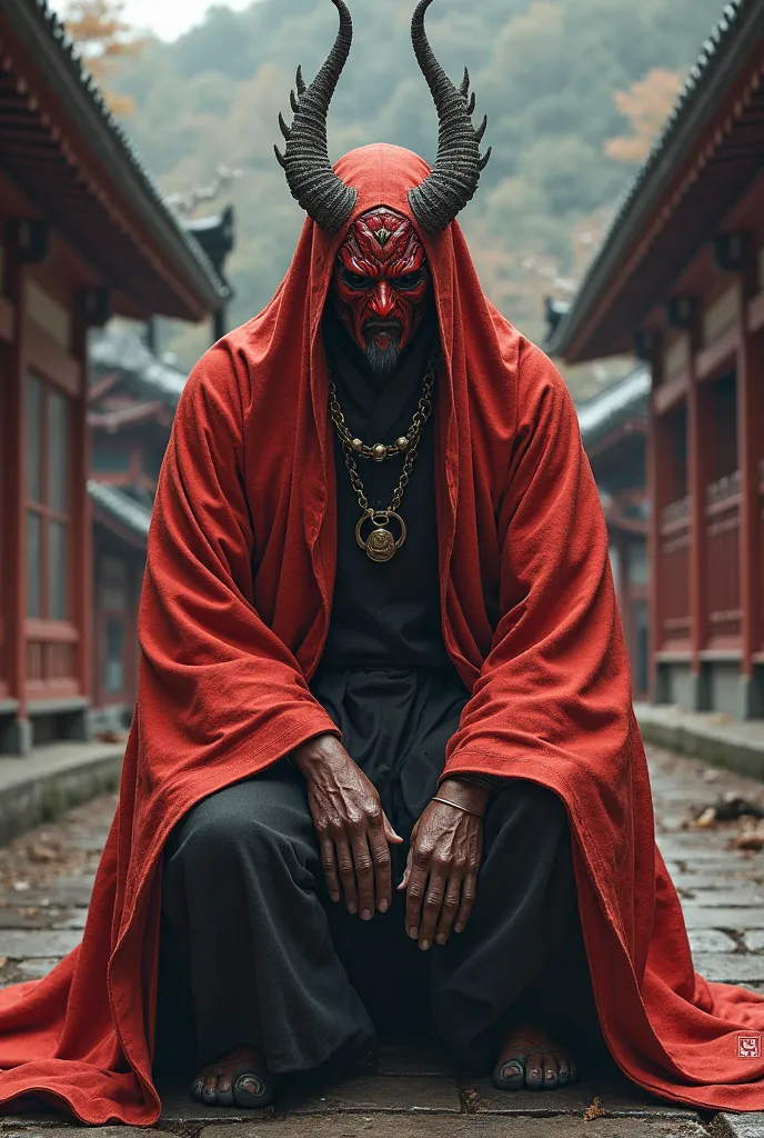 Best Quality,Greatest Masterpiece,8k,4K, score_9, score_8_up, score_7_up, score_6_up, score_5_up, score_4_up,Tengu Mask,Humanoid,red cloak,Japanese style,high quality,squatting,Glare,