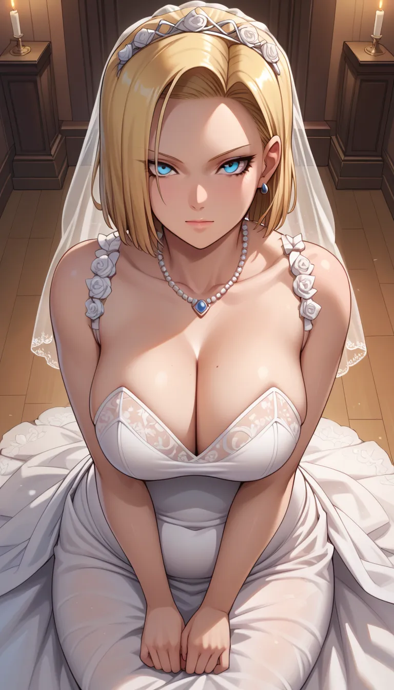 sysdeep_android18, 1girl, solo, breasts, looking_at_viewer, short_hair, blue_eyes, blonde_hair, cleavage, jewelry, medium_breasts, bride, veil, closed_mouth, long_dress, kneeling, from_above, wedding_dress, parody, anime_coloring, chubby body、big breasts、s...