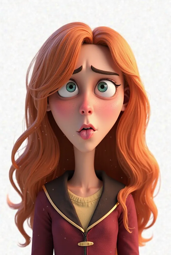 Image 3D style Pixar Hermione Granger dégouté langue sortie et yeux plissé fond blanc 