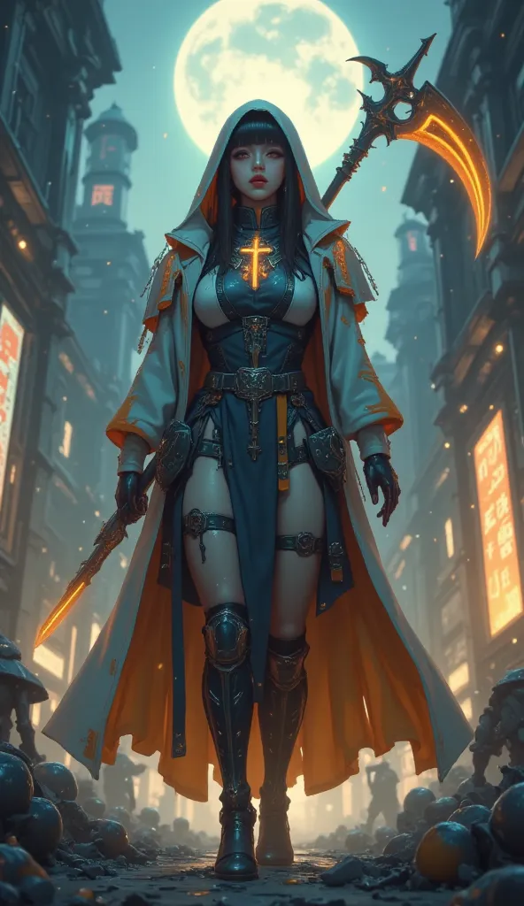 realistic sleek armored asian lady,ultra-wide shot, glowing geisha-shaped helmet,depth of field, gloomy sunset weather,hold a glowing orange sycthe blade, realistic skin textures,snowfall,raindropp on her face,desolate setting,Her blue-white outfit is a me...