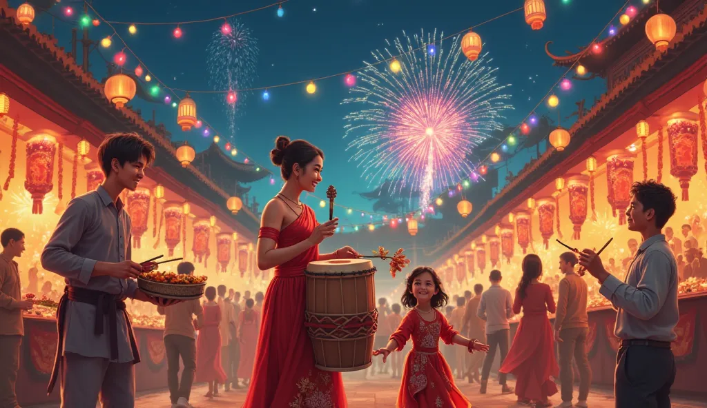 A vibrant and bustling cultural festival at night, illuminated by colorful lanterns, string lights, and the glow of fireworks in the sky. A mother is dressed in an elegant traditional dress, holding a fan and smiling warmly. A father is playing a set of dr...