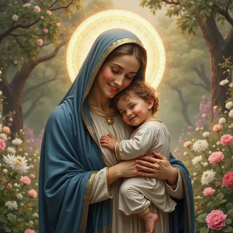 An image in a beautiful heavenly garden with a background full of white and pink flowers and trees .  in front,  the Virgin Mary with her navy blue robe , tenderly embracing your baby Jesus  .  Above the heads of Jesus and Mary , a bright and round heavenl...