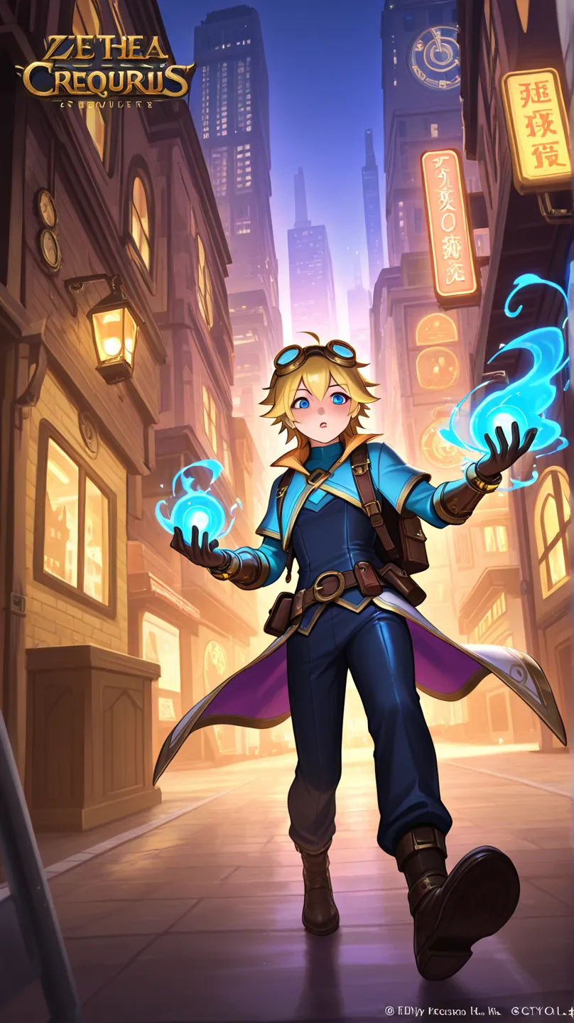 "Create a cartoon illustration of Ezreal, de League of Legends, in a bustling and colorful city. Ezreal must be at the center of the scene, with his characteristic and confident pose, holding his mystical gauntlet that emits an intense blue glow. He is wea...