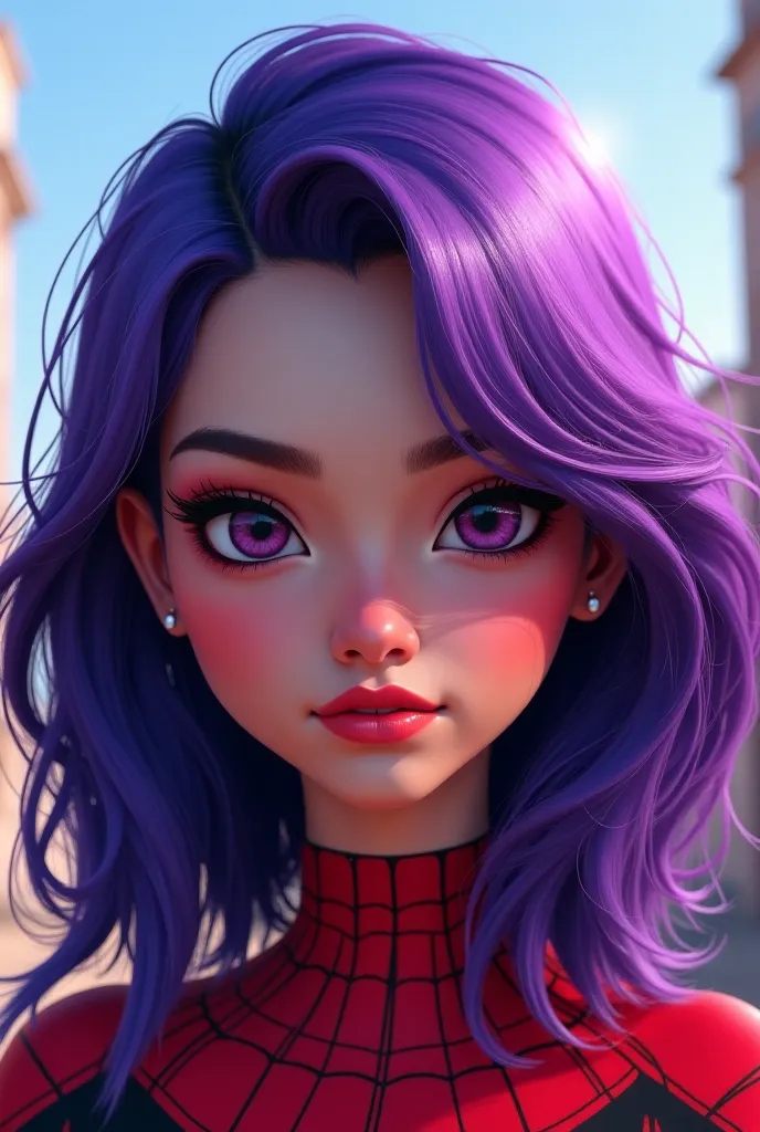 A PURPLE-HAIRED GIRL WHO IS VERY PRETTY AND BEAUTIFUL WITH FAIR SKIN IN THE MILES SPIDER-MAN ANIMATION.