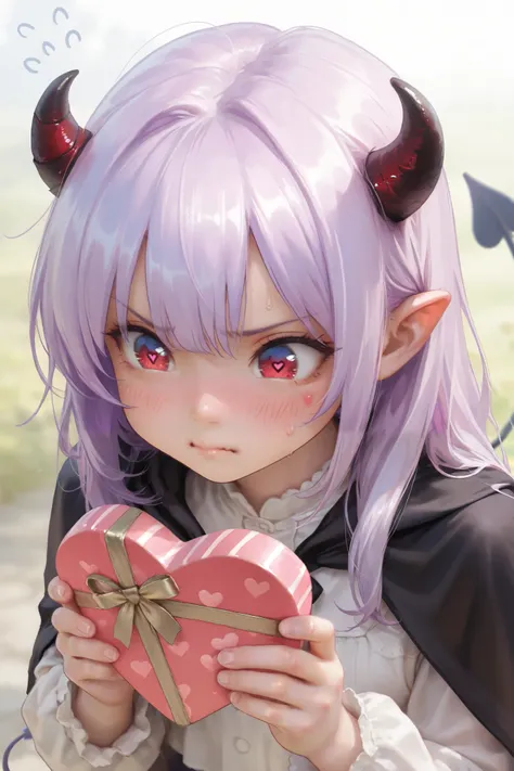 masterpiece, best quality, Detailed Eyes, girl, fantasy, long purple hair, kawaii, tsundere, red eye, tiny and black horn, clumsy, cutie face, semi realistic, 8k, black cape, small demon tail, white blouse, nervous emotion, solo charactor, holding heart sh...