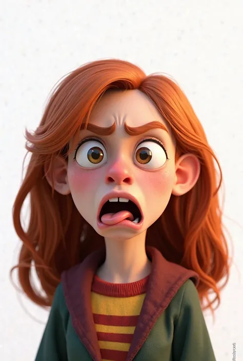 Image 3D style Pixar Hermione Granger dégouté langue sortie et yeux plissé fond blanc 