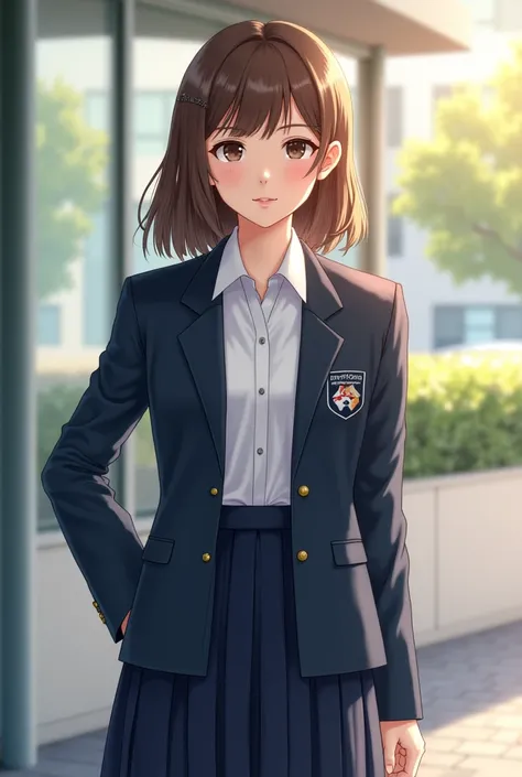 Generate an image of a Korean girl,  light brown hair, mis longs arrivant aux épaules, dressed in a high school uniform, She is 16 