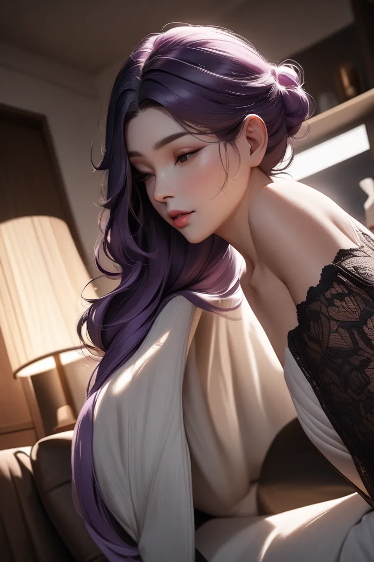 Yukie Kujo,naked、 The purple hair is bundled at the back、living room background, (( huge breasts)), Bust Enlargement , Body Curves、M-shaped leg opening