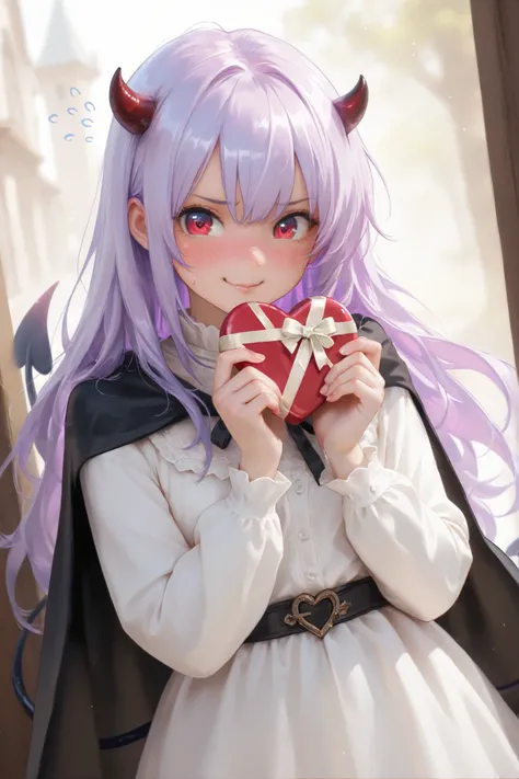 masterpiece, best quality, Detailed Eyes, girl, fantasy, long purple hair, kawaii, tsundere, red eye, tiny and black horn, clumsy, cutie face, semi realistic, 8k, black cape, small demon tail, white blouse, nervous emotion, solo charactor, holding heart sh...