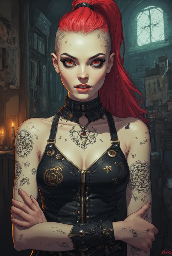 1 young scary, gorgeous and beautiful White girl, mystical medieval witch, pale skin, occult symbols on body, ((shaved head)), cruel expression , dark eyelashes, large dark eyes makeup , unkind, scary, cruel, macabre , sexy, demonic, devil, morbid , cruel ...