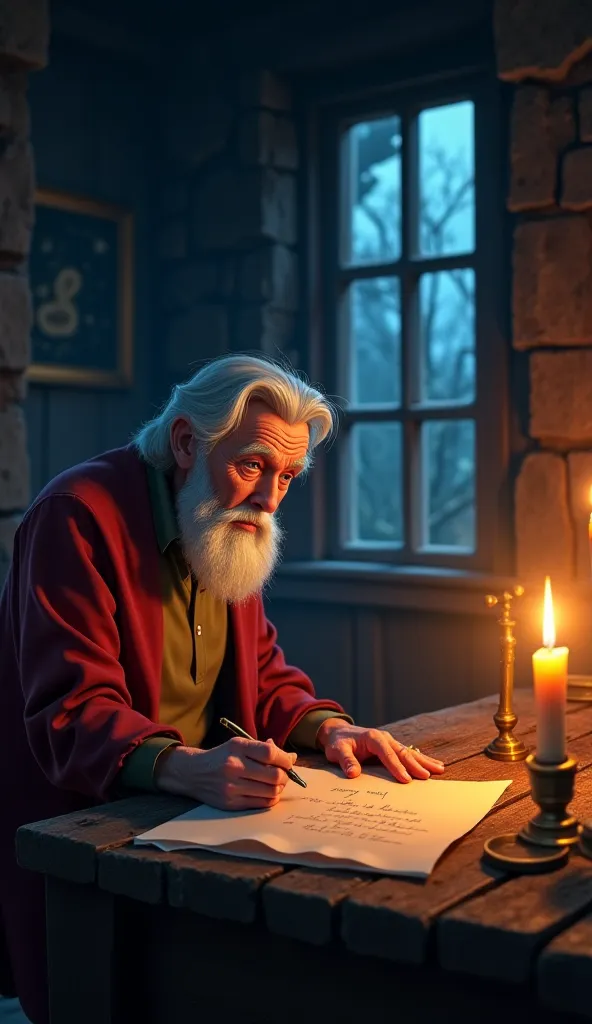 A Disney-Pixar-style image of the old man writing on a long parchment scroll, his hand shaking slightly. His house is dimly lit by candlelight, and outside, the wind howls through a small window. The mood is tense and reflective.