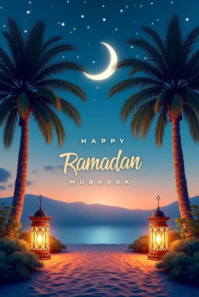 Create a image of beautiful scene with dates and lantern with tha text or ramadan mubarak 