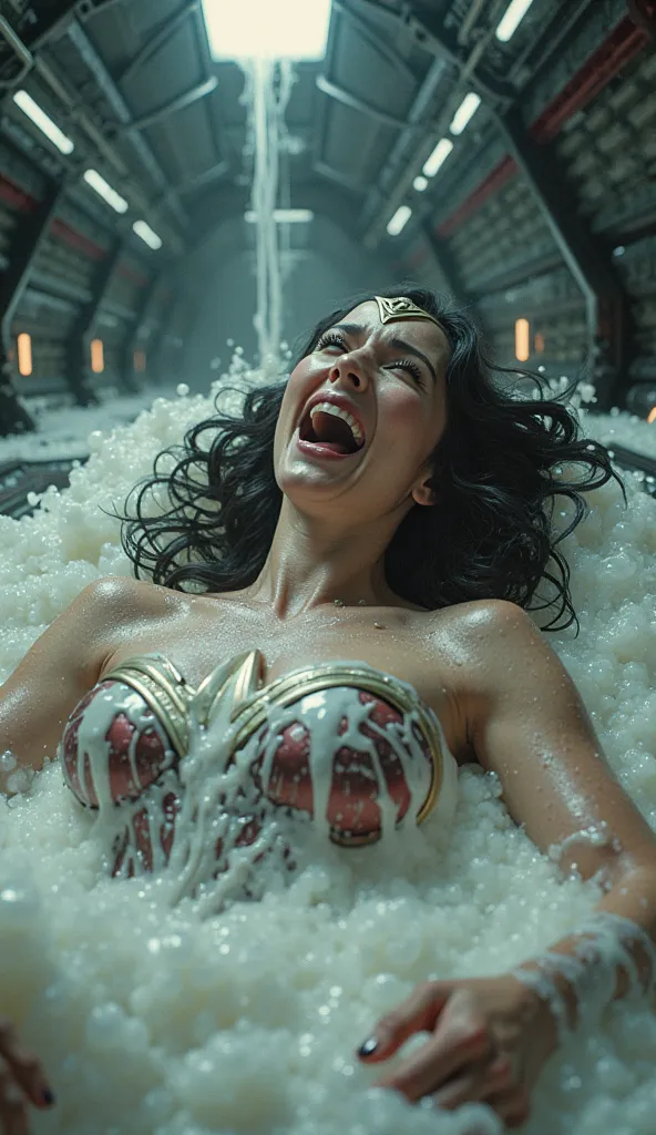 Wonder woman laying on a machine corner, white milk like subscribe flows on her mouth to body , wonder woman is crying loudly , inside a spaceship 