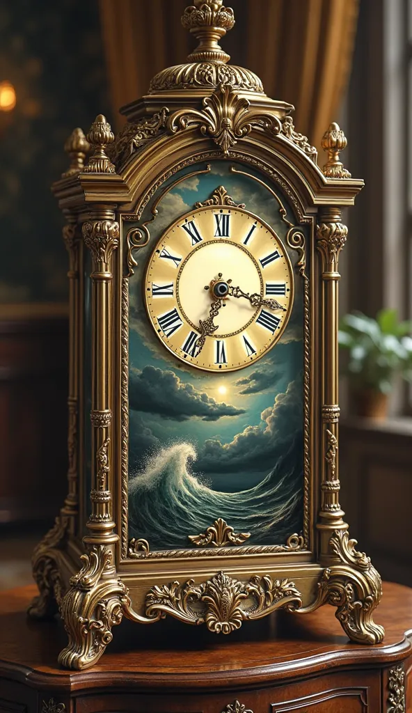 Clock with storm passing: An antique clock with the hand slowly advancing, as a storm on the dial begins to give way to a clear, sunny sky.