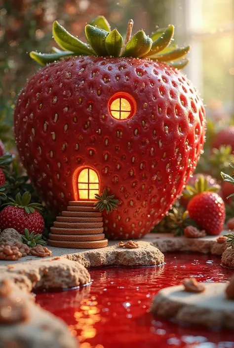 "A whimsical dream house made from a giant, ripe strawberry, with tiny glowing windows nestled within its seeds. The house has a soft, juicy texture with dewdrops glistening on its surface. A winding chocolate staircase leads to the entrance, carved into t...