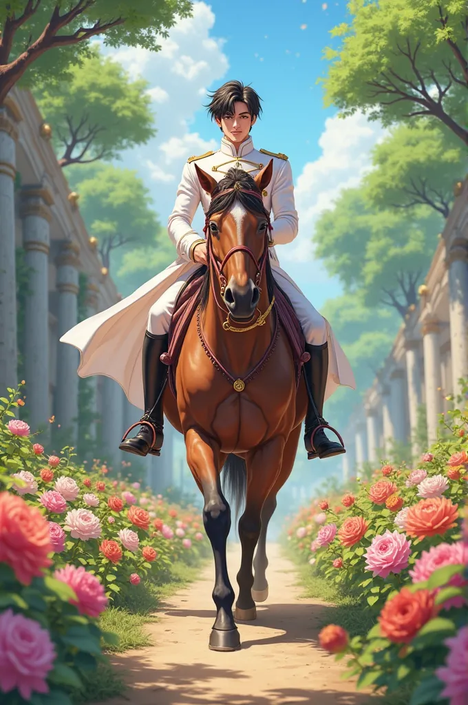 A handsome young Taehyung-like prince is riding a brown horse with a faint smile inside a castle full of colorful flowers and wearing a white royal suit. Anime disney, slight zoom