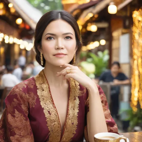 best quality, highres, 8k, masterpiece, photography, detailed midbody photorealistic portrait. Wearing a vibrant maroon kebaya with gold-threaded floral embroidery and a batik sarong, Mandy Moore walks through Kampong Glam, home to Singapore’s historic Mal...