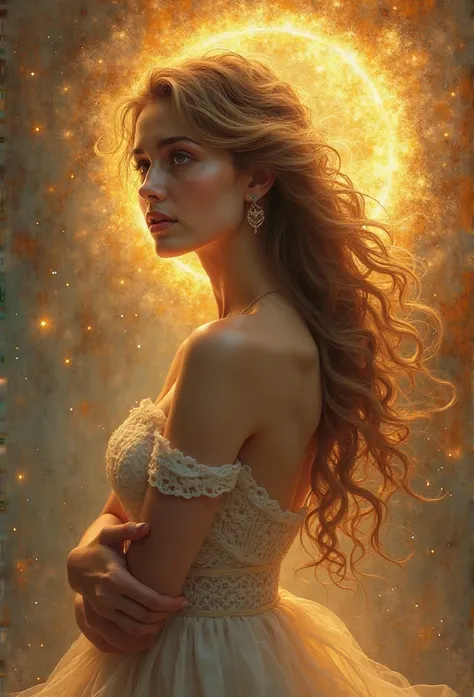 powerful young woman heavenly archon, detailed face, given expression, imposing posture, supernatural aura,  Delicate details , mystical background, divine light effect, arte conceptual, oil painting, resolution 8k, hdr, studio lighting, golden tones, harm...