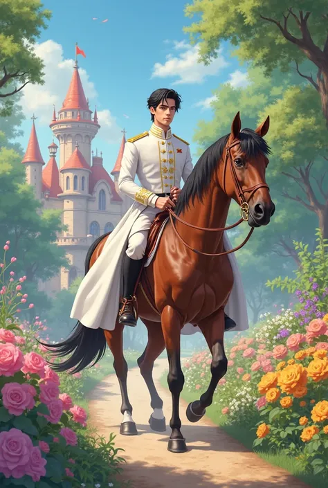 A handsome young Taehyung-like prince is riding a brown horse with a faint smile inside a castle full of colorful flowers and wearing a white royal suit. Anime disney, slight zoom