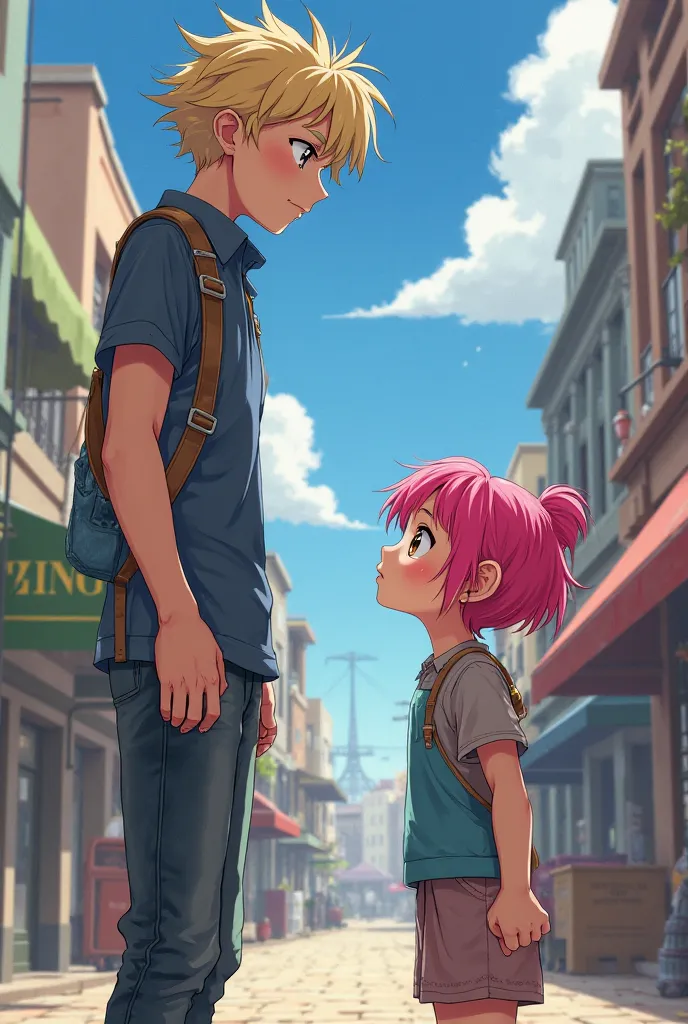 Image of a girl with pink hair and brown eyes, Short and dumb, who scolds a very tall fair-haired boy with blue eyes, 