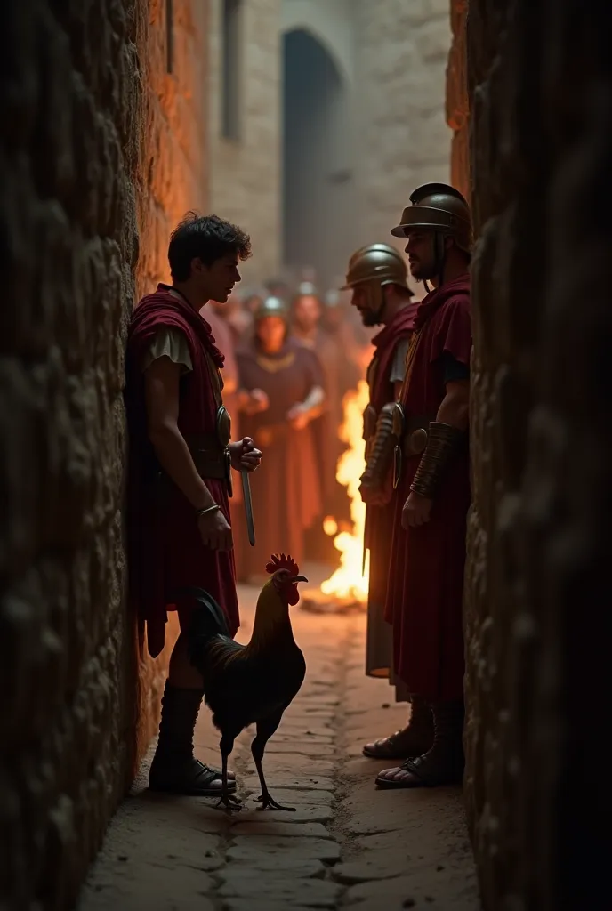 Pedro in a narrow and dark alley, hidden behind a wall, looking scared at Roman soldiers who interrogate a group of people. Your expression is of despair and guilt. In the background, a bonfire illuminates the scene, and a rooster is perched nearby, symbol...