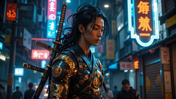 The Cyberpunk Indonesian Samurai steps forward into the flickering glow of a malfunctioning neon sign, his battle-hardened face now fully visible. His high cheekbones and strong jawline are illuminated by electric-blue city lights, highlighting the battle ...