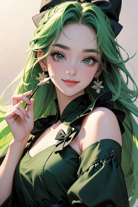 (Top Quality Masterpiece :1.2),    Hi-Res,    very well detailed,      author：  Mr... name:1.37,    ((holding a bow:1.35)).  fantasy, shape,    green eye、The Queen of Platinum Decorations、   beautiful、 Eye Shadow Red         、  thick eyebrows、long lashes、 ...