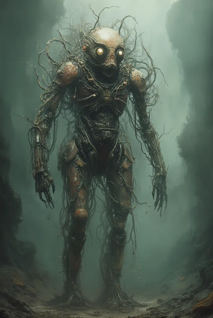 a beautiful surreal old alien hybrid of a robot, low rusted, cables iron, roots perfect eyes, ultra-realistic illustration, complex, sci-fi, very detailed, digital painting, art station, conceptual art, soft sharpness, illustration, 8k, art by art germ and...