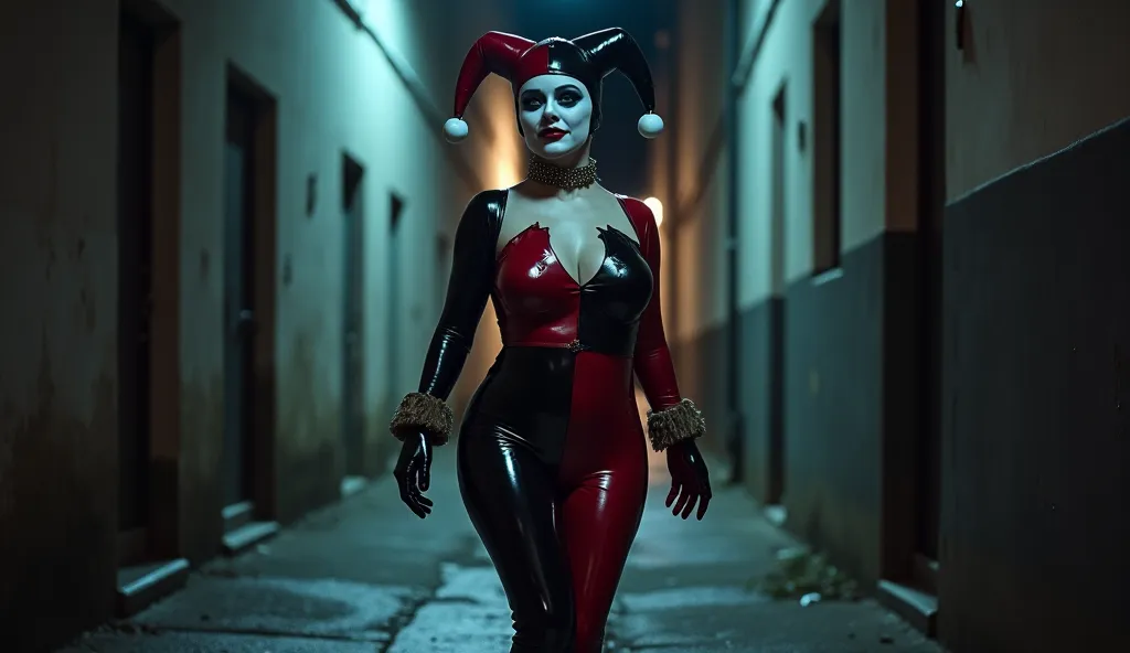 Hq1992, Harley Quinn, white skin, domino mask, black eyes, Harley is standing up, latex costume, she is in an alleyway, night, 6 feet away from viewer, (blue eyes, mask, domino mask, hat, sheer latex bodysuit, jester cap, makeup, facepaint, gloves), (makeu...