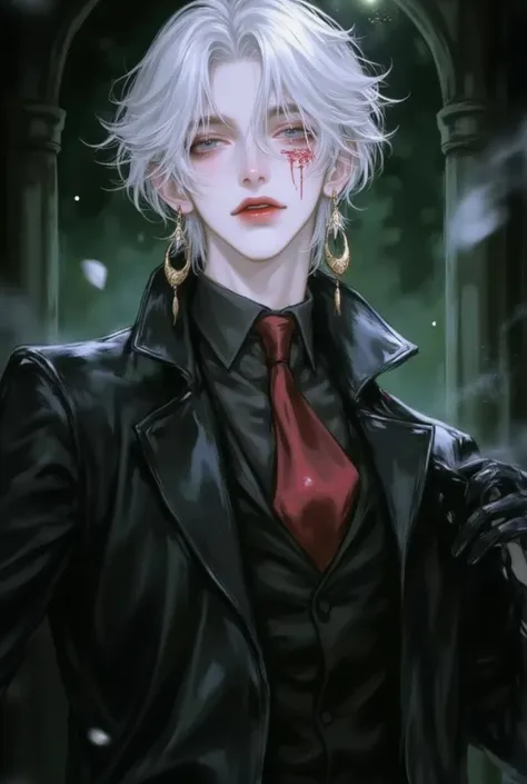  The Beautiful Darkness of One Person in the Tattered Anime full body Boy、 midnight、Dark illustration、20 years old、  White hair, green, Japanese-Korean villain. Half、, flowing Very well、Lightly draw、Short white hair、 Hair, handsome and neat 、 ดวงตาgreenอ่อ...