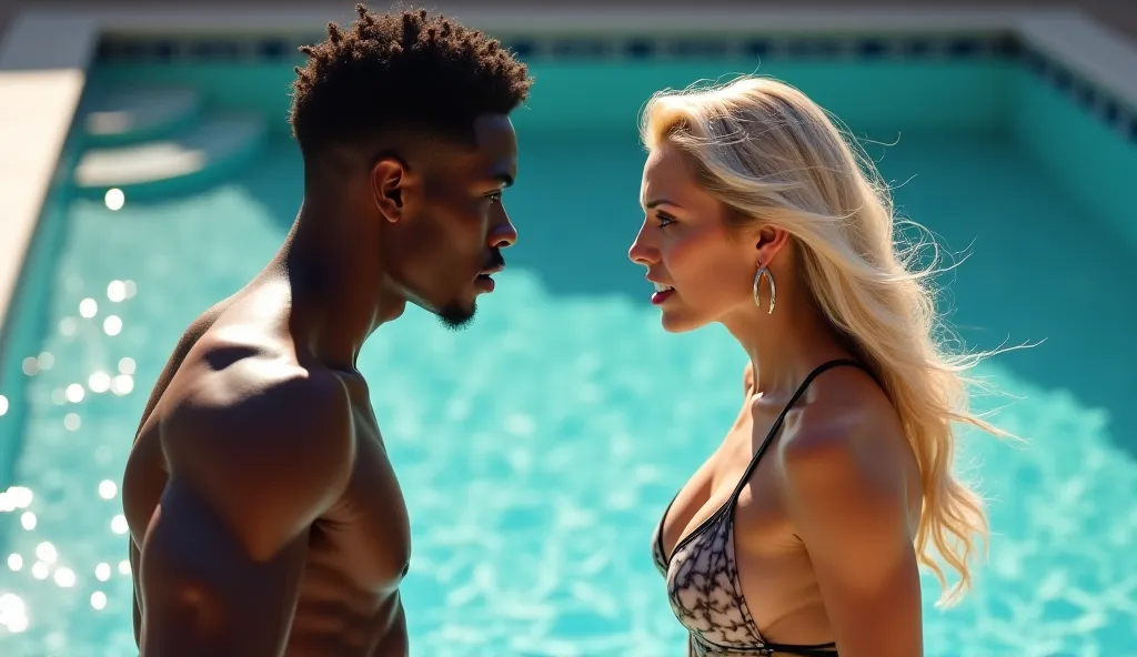 A tense confrontation at a poolside: A 17-year-old Black ager, shirtless, stands next to the water, looking surprised and frustrated. A 50-year-old white woman with long blonde hair, wearing a swimsuit, is angrily yelling at him with an aggressive posture....