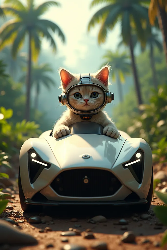 A Persian cat wearing a helmet rides a sports car, jungle background  